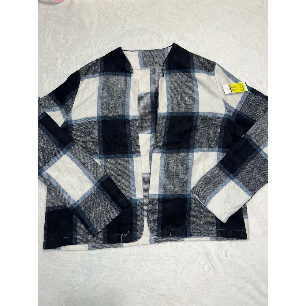Kohl's Plaid Open Front Cardigan Jacket Navy Blue White Grey Size L NEW